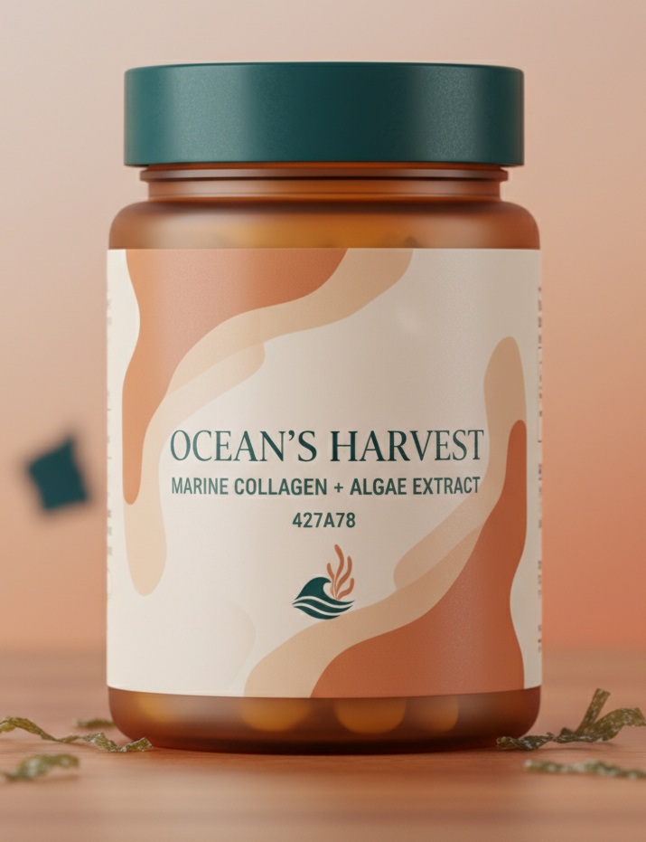 Ocean's Harvest product bottle on a soft coral background